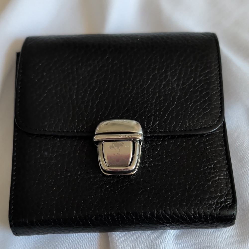 Dkny Black Leather Compact Wallet with Silver Tone Clasp